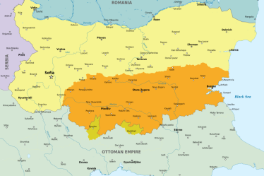 Political map of Bulgaria after the 1885 Unification showing territories affected by the Tophane Act