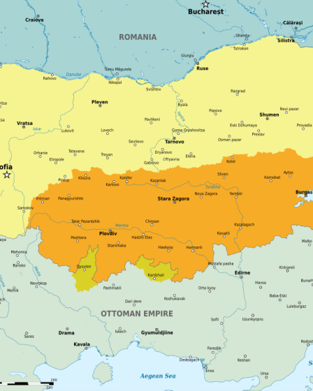 Political map of Bulgaria after the 1885 Unification showing territories affected by the Tophane Act