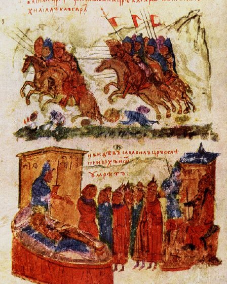 Medieval miniature of the Battle of Kleidion and Tsar Samuil before his blinded soldiers