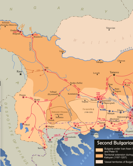 Map of Bulgaria under Tsar Kaloyan from 1197 to 1207