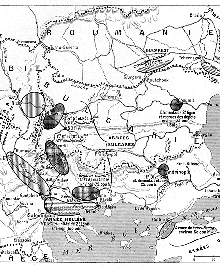 Map of Balkan troop concentrations before the Second Balkan War in June 1913