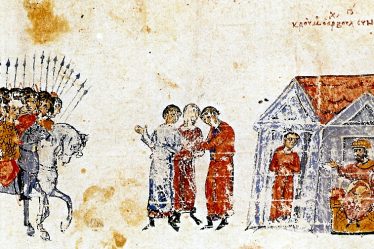 Medieval miniature of Khan Krum's and Michael I's armies before the Battle of Versinikia in 813