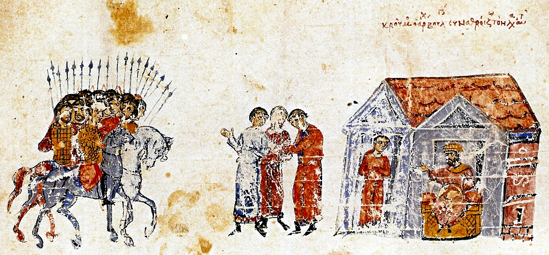 Medieval miniature of Khan Krum's and Michael I's armies before the Battle of Versinikia in 813