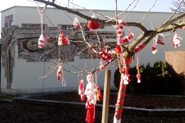 Red-and-white martenitsas hanging on a tree for Baba Marta Day