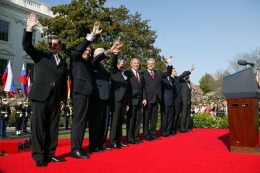 Leaders of seven new NATO member states at the March 29, 2004 ceremony
