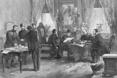 Historic engraving of the signing of the Treaty of San Stefano in 1878