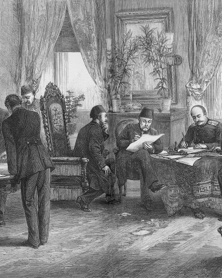 Historic engraving of the signing of the Treaty of San Stefano in 1878