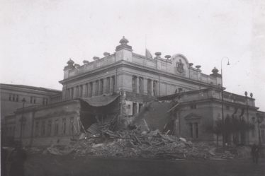 The damaged National Assembly building after the 1944 bombing of Sofia