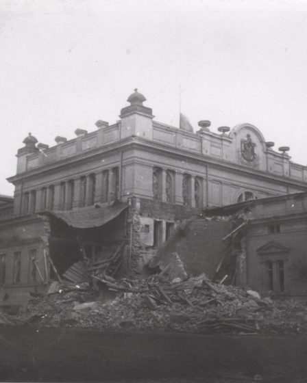 The damaged National Assembly building after the 1944 bombing of Sofia