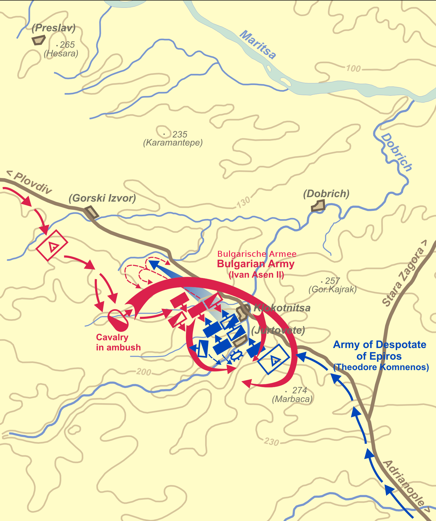 Map of the Battle of Klokotnitsa on 9 March 1230