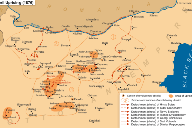 Map showing the regions and actions of the Bulgarian April Uprising of 1876