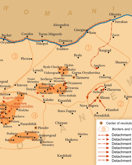 Map showing the regions and actions of the Bulgarian April Uprising of 1876