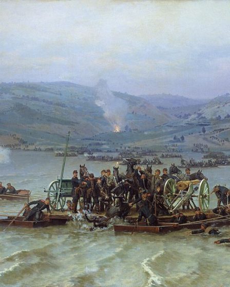 Painting of the Russian army crossing the Danube at Zimnicea–Svishtov in June 1877