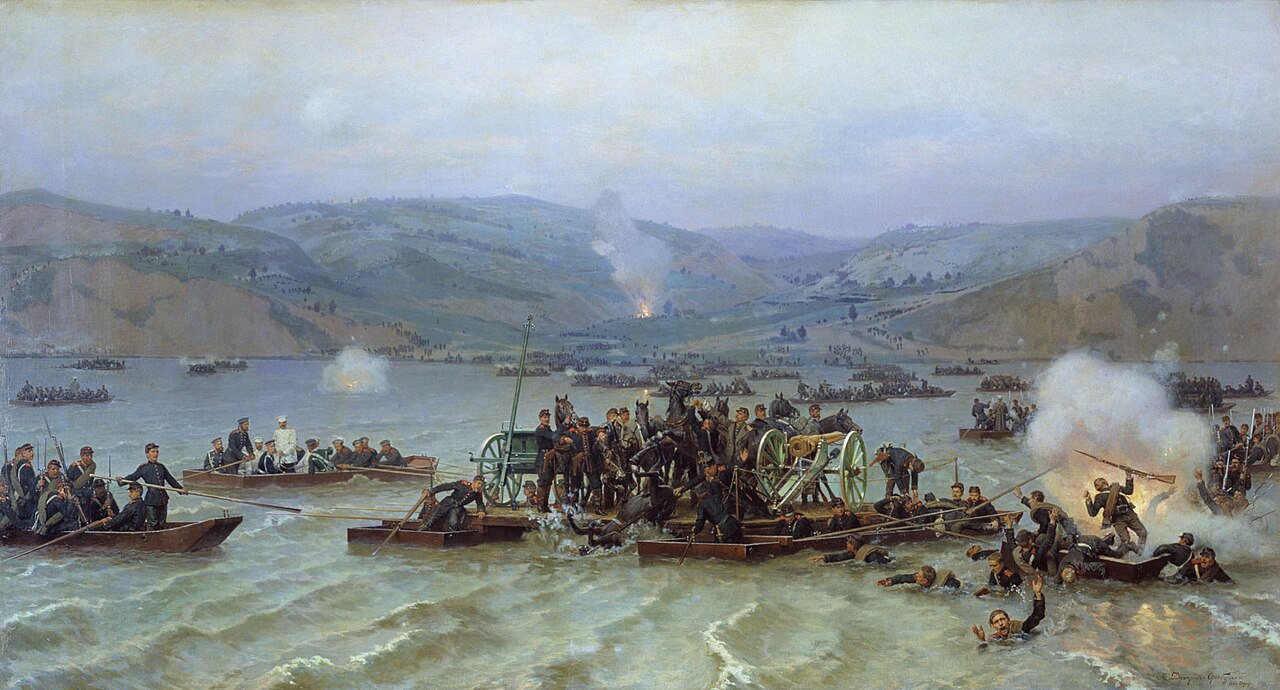 Painting of the Russian army crossing the Danube at Zimnicea–Svishtov in June 1877