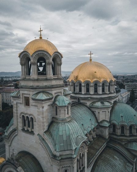 Stone Orthodox church with several domes