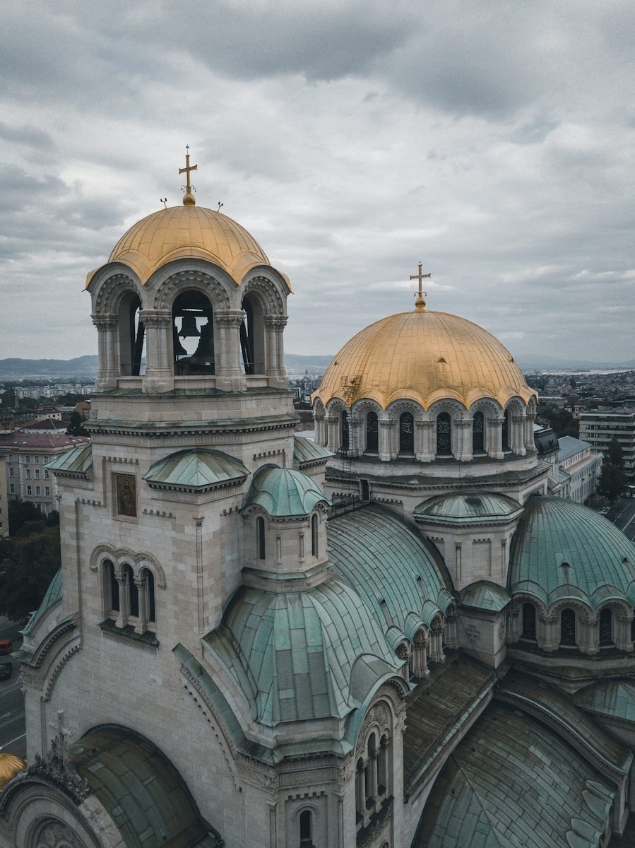 Stone Orthodox church with several domes