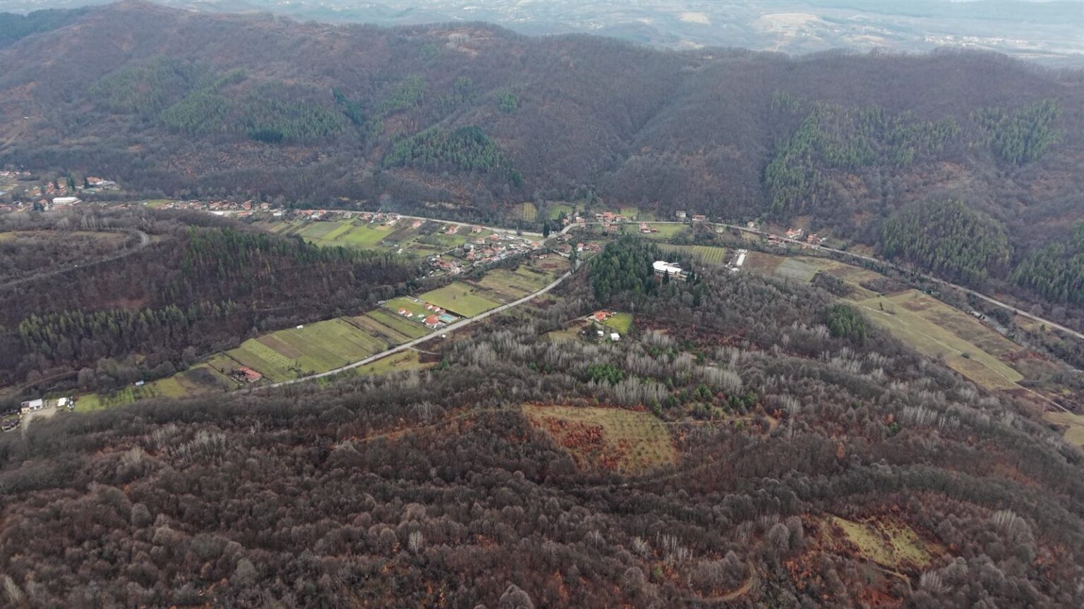Balkanets valley and mountain settlement viewed from above