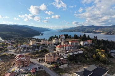 Aerial view of Dospat town and reservoir in the Rhodopes