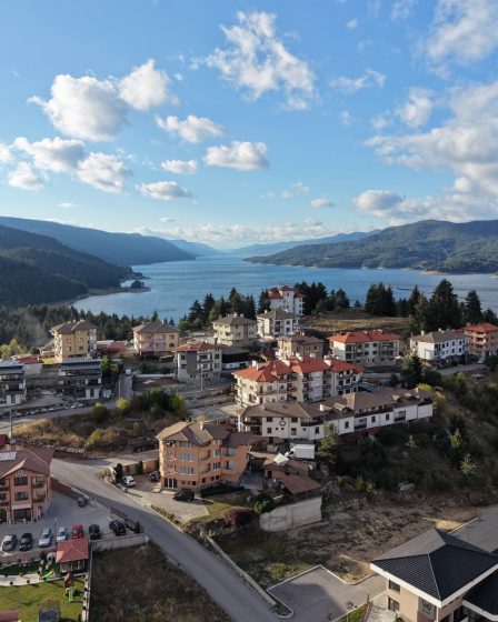 Aerial view of Dospat town and reservoir in the Rhodopes