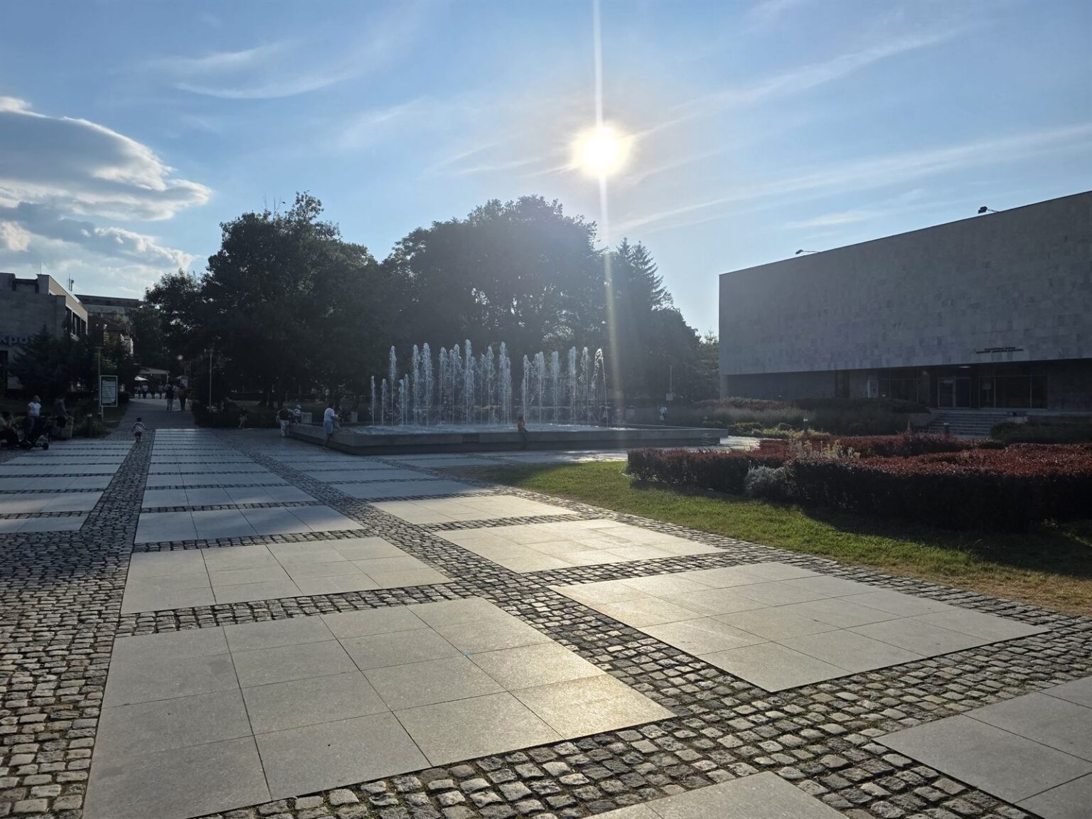 Central fountain and public square in Kyustendil at sunset