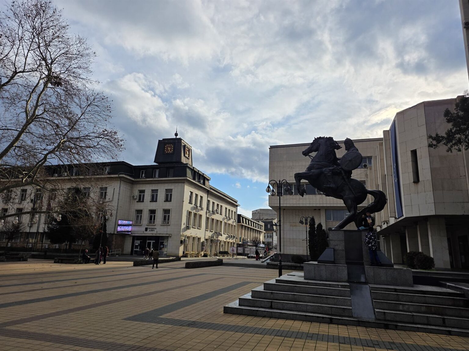 Central square in Lovech, Bulgaria, with the city monument and public buildings