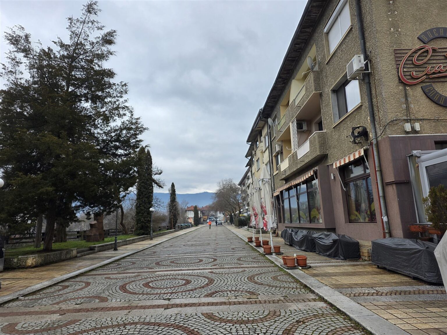 Pedestrian street with patterned paving in Troyan