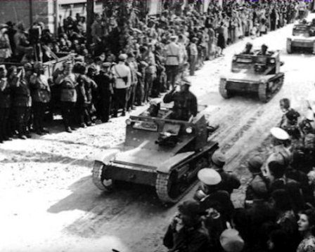 Bulgarian troops entering Dobrich after Southern Dobruja returned in 1940