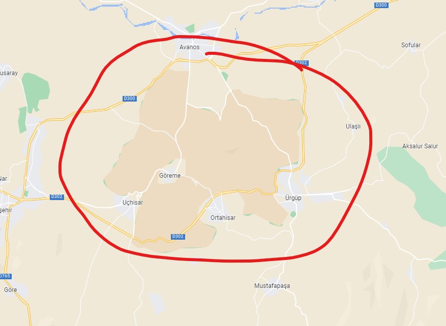 Map of Cappadocia for sightseeing purposes — Uçhisar, Göreme, Ortahisar, Ürgüp and Avanos around the valleys