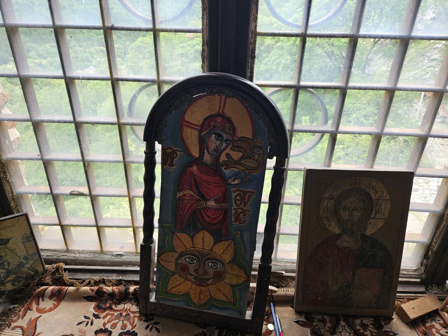Icons on the window inside the church at Asenova krepost