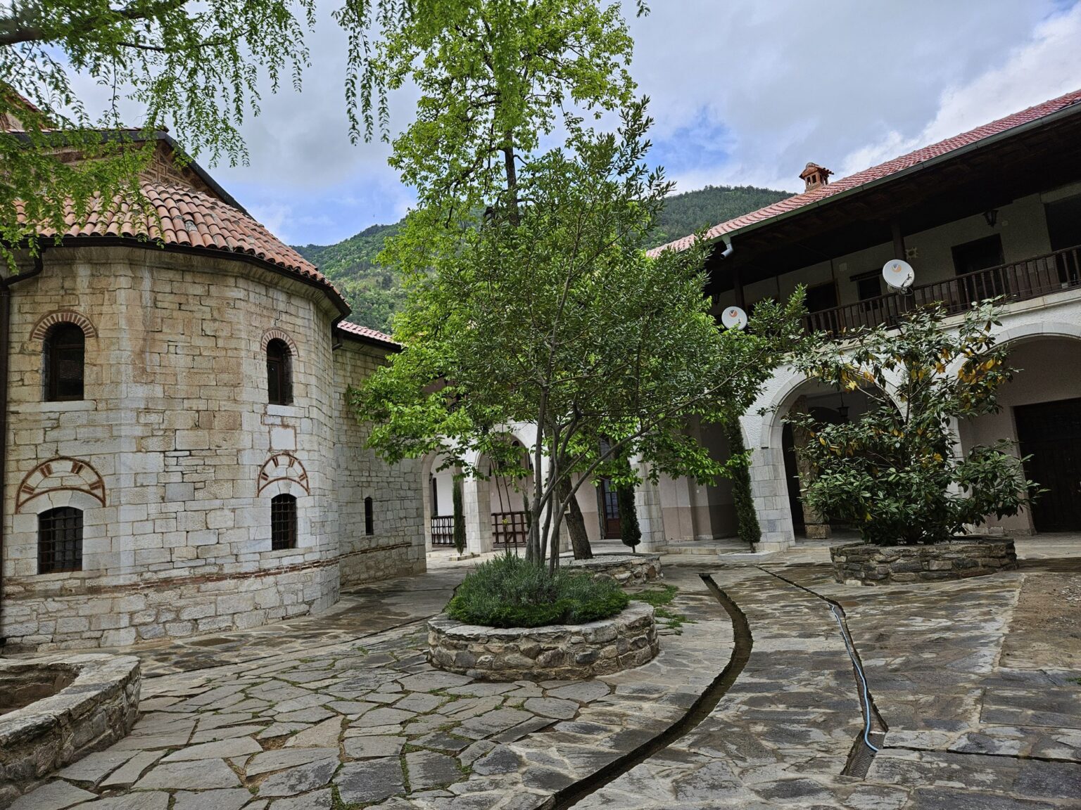 Inner courtyard with stone pavement and buildings in the Bachkovo Monastery