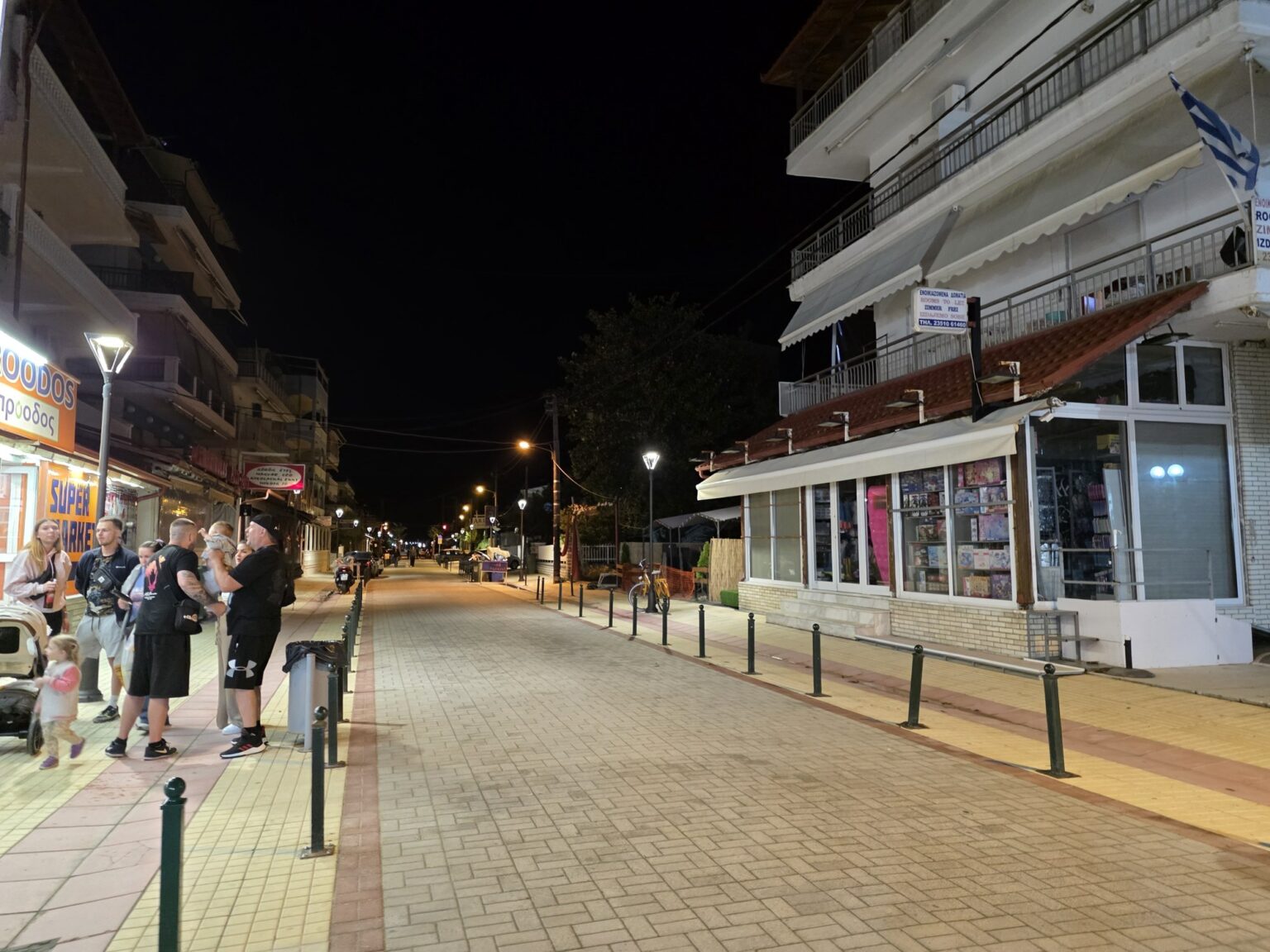 Night pedestrian street with multi-story buildings and people