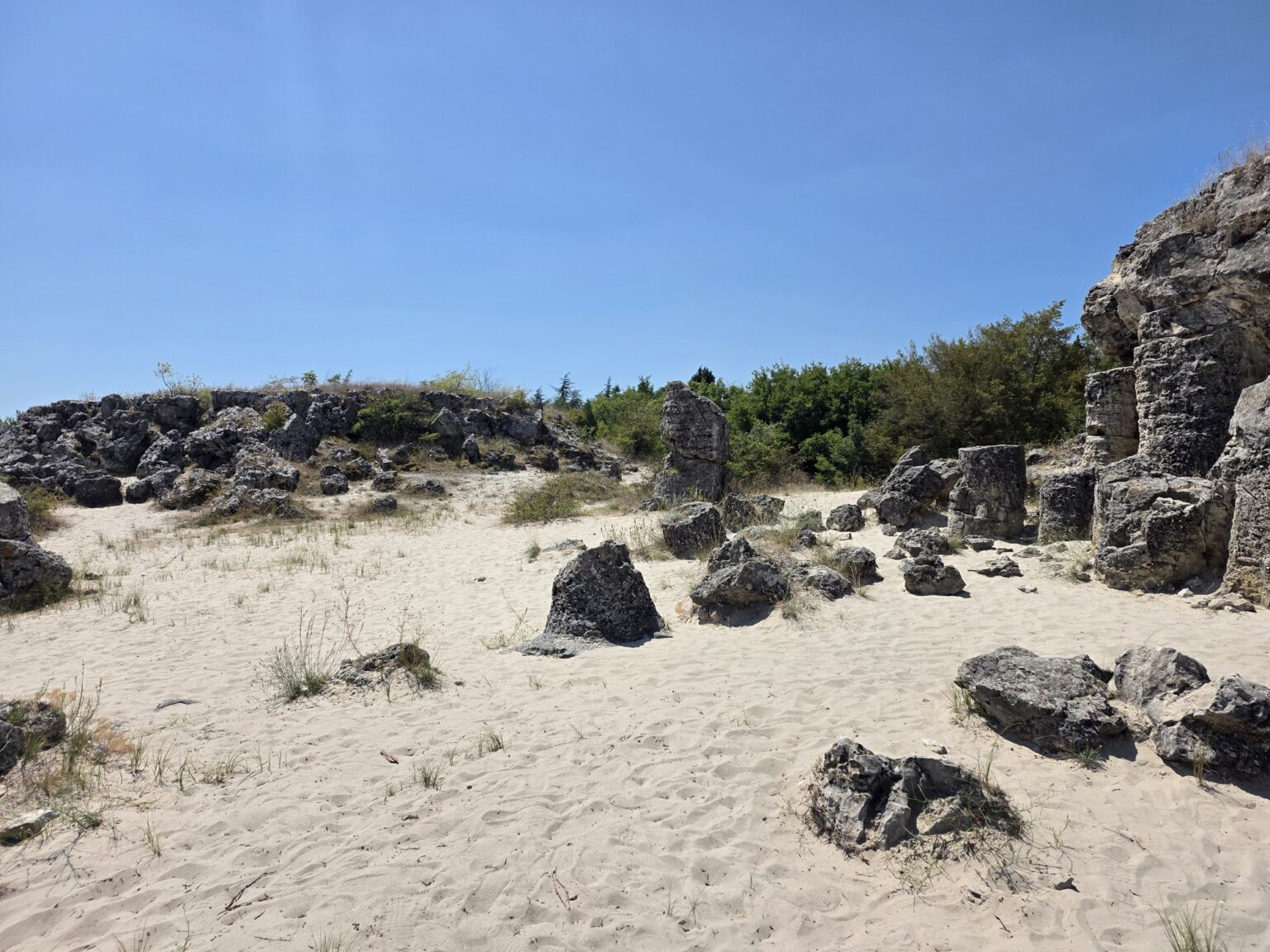 Sandy terrain with scattered stone columns in nature