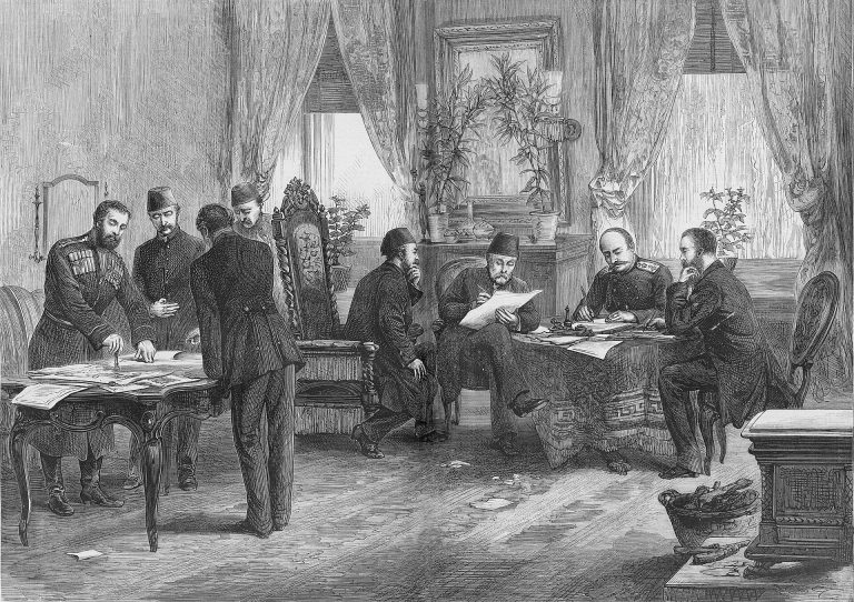 Историческа гравюра на подписването на Санстефанския договор през 1878 г.