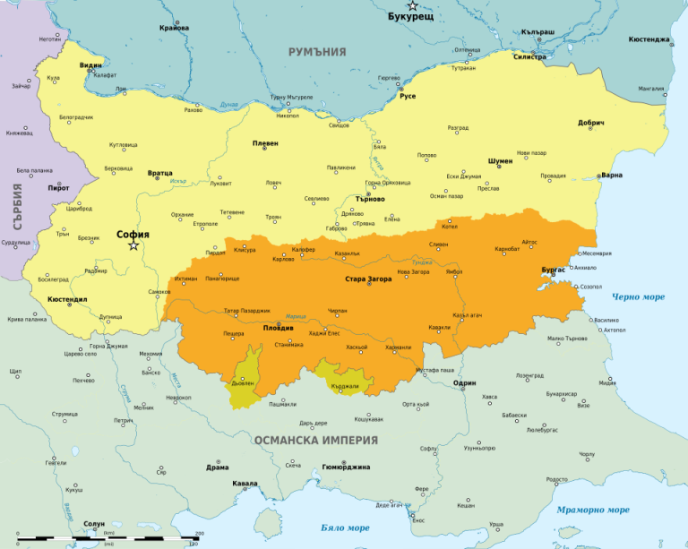 Политическа карта на България след Съединението от 1885 г. с териториите по Топханенския акт