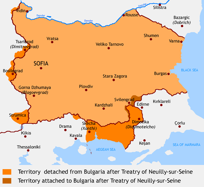 Карта на българските териториални загуби след Ньойския договор от 1919 г.