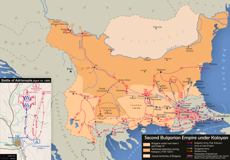 Карта на България при управлението на цар Калоян между 1197 и 1207 г.