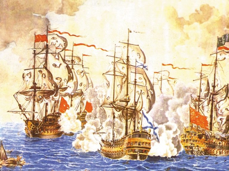 Акварел на морската битка при нос Калиакра между руския и османския флот през 1791 г.
