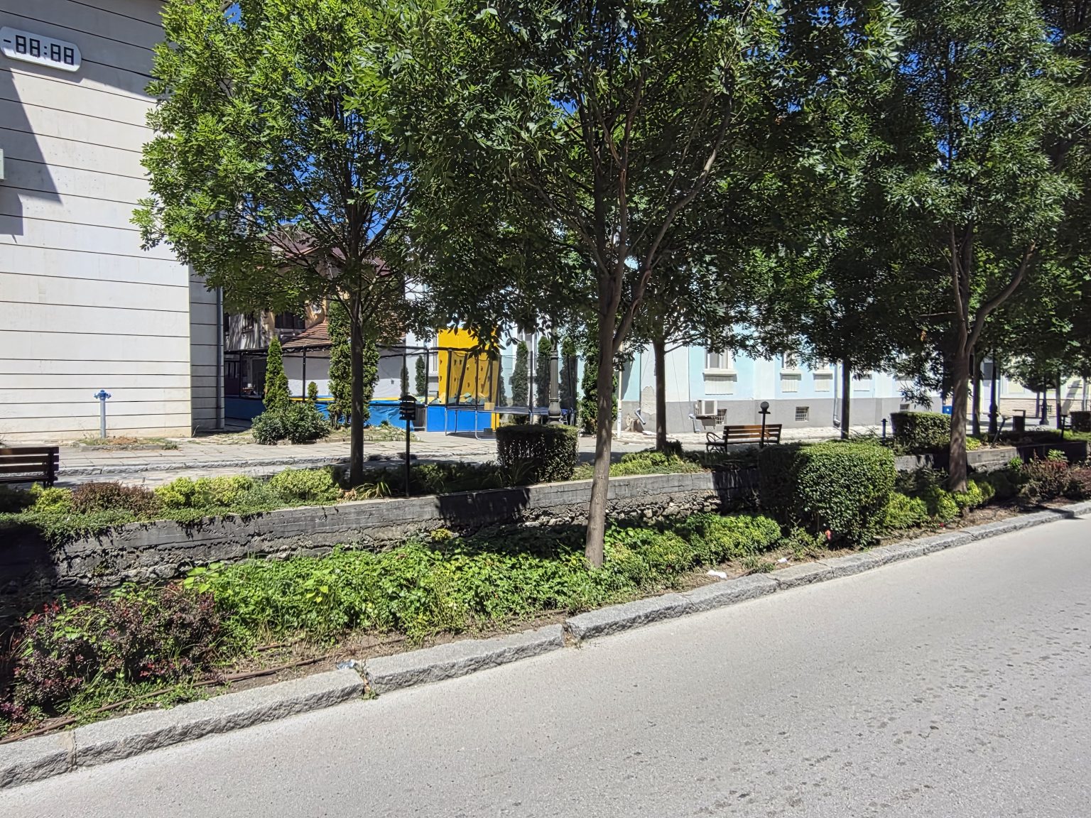 Улица в Разлог с обрасъл каменен канал покрай тротоара, редица дървета и подстригани храсти, вляво сграда с електронно табло за час, в дъното синьо-жълта стена за катерене